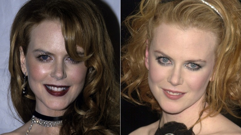 Nicole Kidman wearing dark lipstick and spidery lashes at the 2001 Moulin Rouge premiere and with a light, matte complexion with silver eyeshadow in 2001, side by side photos