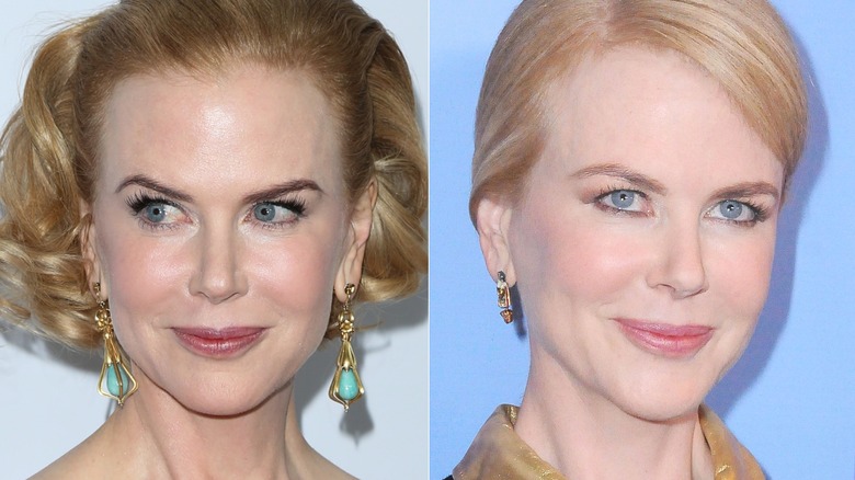 Nicole Kidman smiling on red carpets in 2013 with fair skin and natural looking makeup, side by side photos