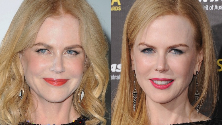 Nicole Kidman with white powder on her face and on the red carpet with blue eyeliner in 2015, side by side photos