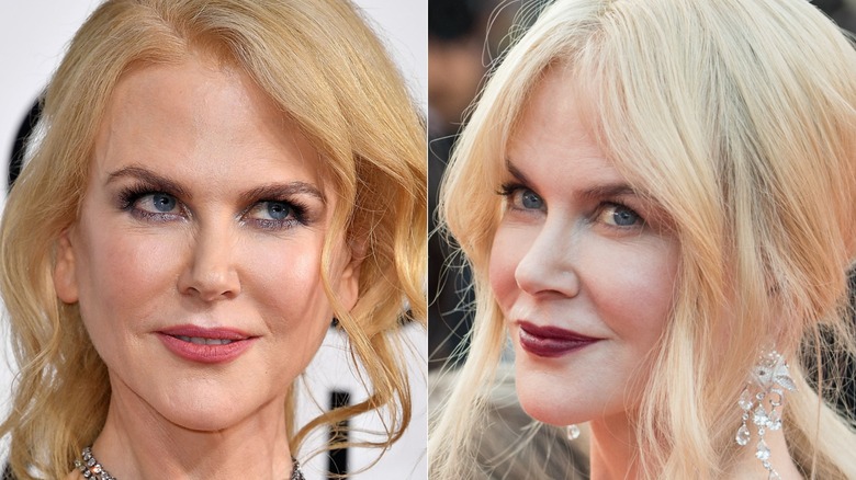 Nicole Kidman on the red carpet in 2017 wearing metallic eyeshadow and at another event wearing berry lipstick, side by side photos