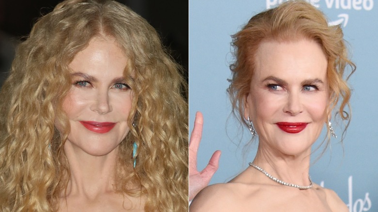 Nicole Kidman wearing her natural curls on the red carpet in 2021 and in a dark red lipstick with an up-do, side by side photos