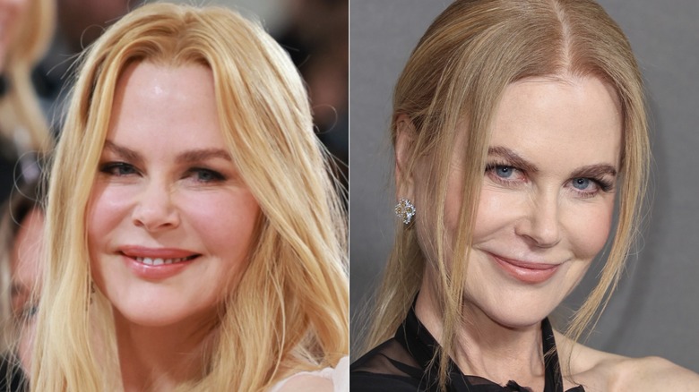 Nicole Kidman smiling at the 2023 Met Gala and smiling at a movie premiere that year, side by side photos
