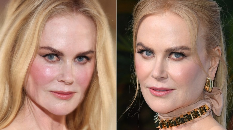 Nicole Kidman wearing heavy blush at the 2024 Met Gala and with more subtle makeup and faux eyelashes that same year, side by side photos