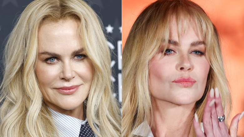Nicole Kidman smiling on a 2025 red carpet and blowing a kiss with long nails at a Chanel fashion show, side by side photos
