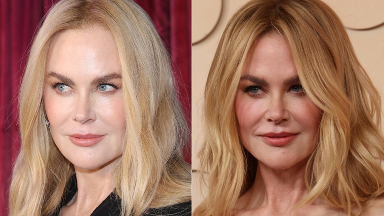 Nicole Kidman with a dewy complexion and fluffy brows on two red carpets in 2026, side by side photos