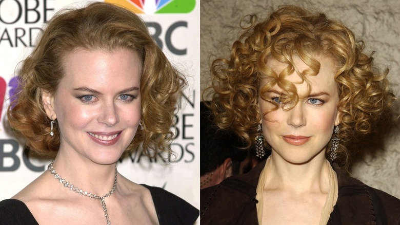 Split image of Nicole Kidman in the early 2000s, wearing curly, short hairstyles