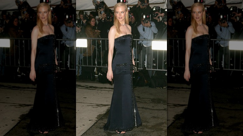 Nicole Kidman at the Met Gala in a strapless navy gown with black details