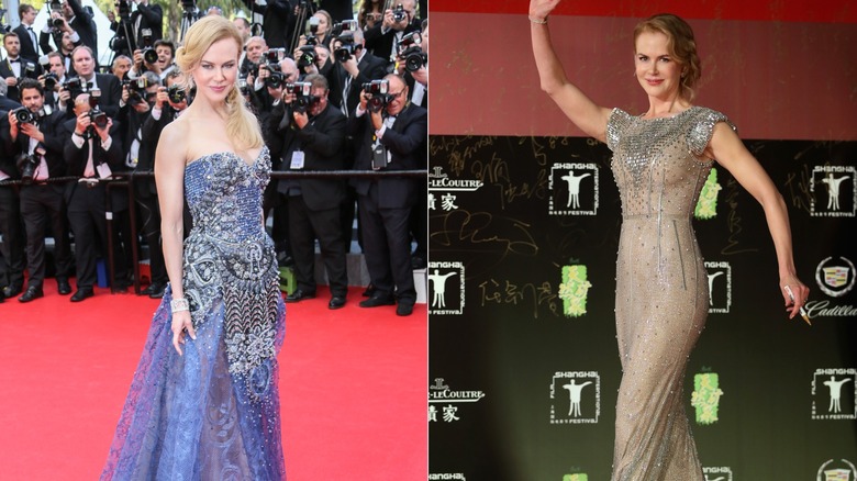 Side by side photos of Nicole Kidman wearing embellished gowns in 2014