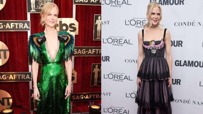 Side by side photos of Nicole Kidman wearing bold gowns on the red carpet in 2017