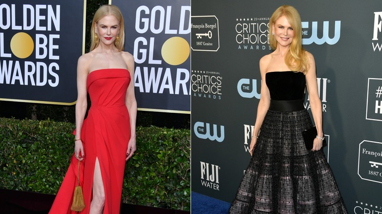 Side by side photos of Nicole Kidman wearing bold gowns on the red carpet in 2020