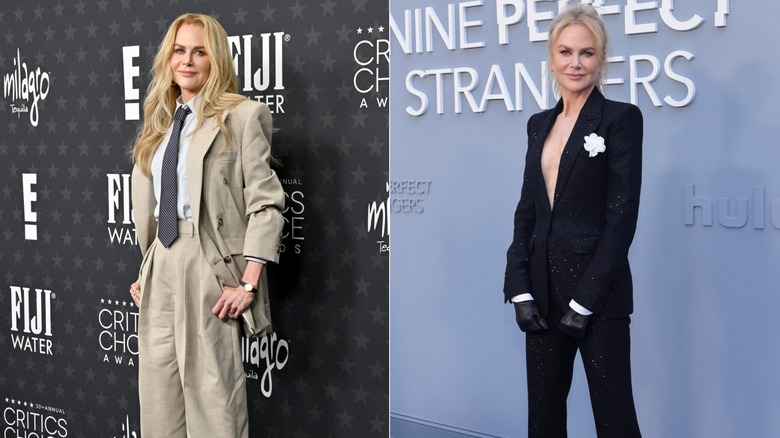 Side by side photos of Nicole Kidman on the red carpet in suits in 2025
