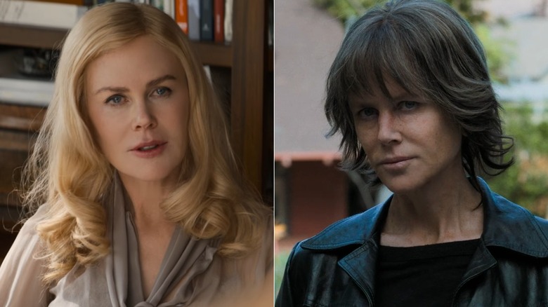 Split image of Nicole Kidman in "The Perfect Couple" and "Destroyer," wearing wigs for both parts
