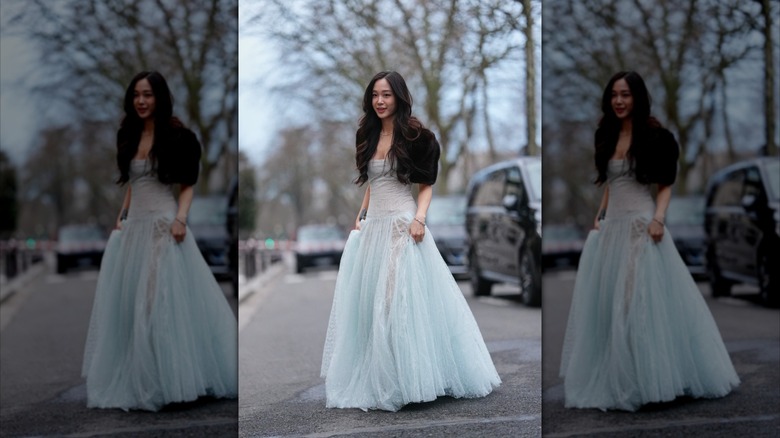 A woman in a light blue sheer dress with a black fur bolo, on a city street
