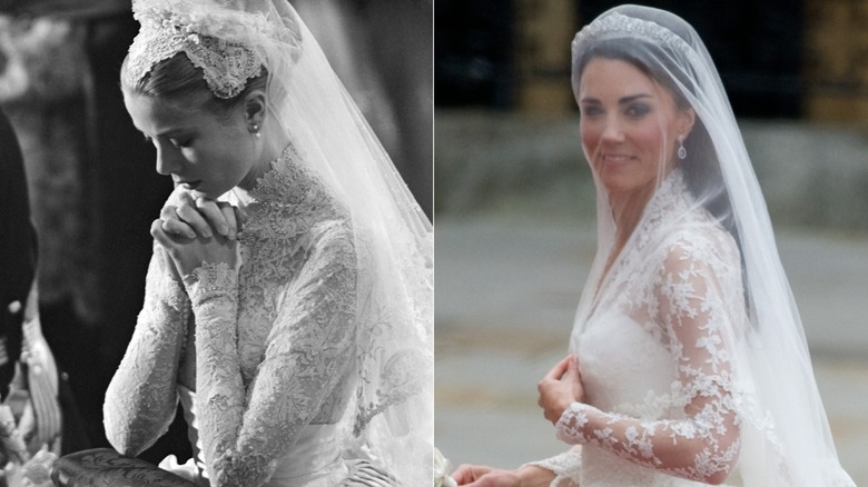 Grace Kelly kneeling in a church and Kate Middleton on her wedding day looking at the camera