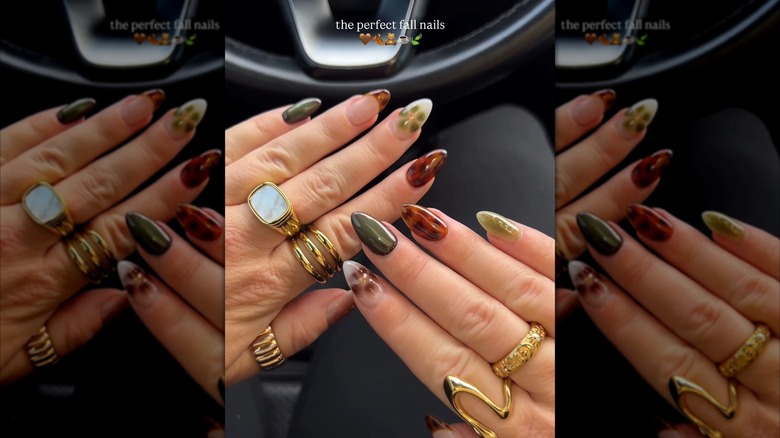 Two hands showing a mixture of nails with tortoiseshell patterns and olive green accents