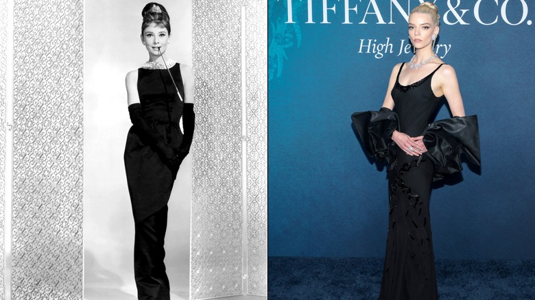 Split image of Audrey Hepburn in "Breakfast at Tiffany's" and Anya Taylor-Joy at a Tiffany & Co. launch