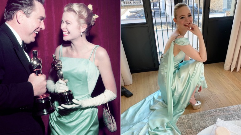 Split image of Grace Kelly smiling with her Oscar and Elle Fanning squatting down with a smile