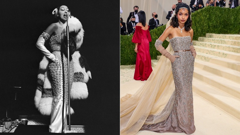 Split image of Josephine Baker performing on stage and Yara Shahidi posing at the Met Gala