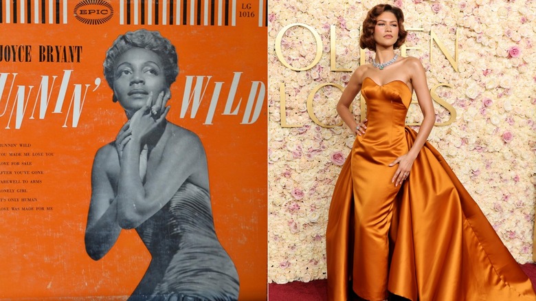 Split image of the cover of Joyce Bryant's "Runnin' Wild" and Zendaya posing at the Golden Globes