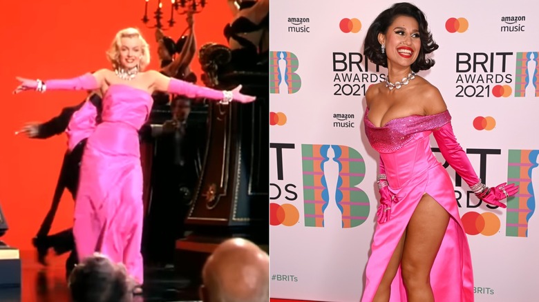Split image of Marilyn Monroe in "Gentlement Prefer Blondes" and Raye at the 2021 Brit Awards