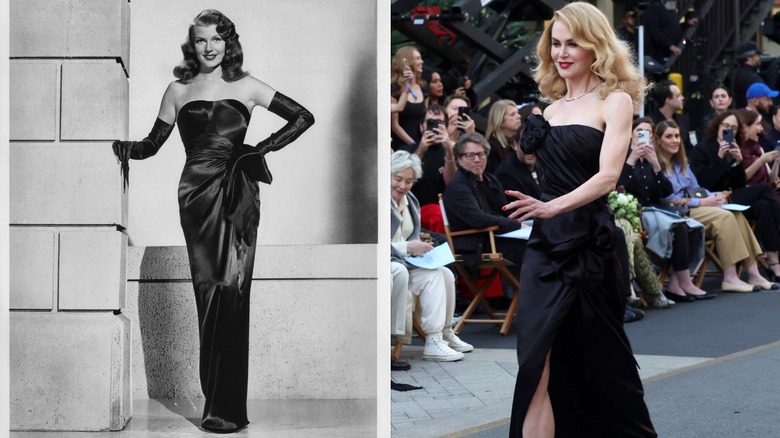 Split image of Rita Hayworth in "Gilda" and Nicole Kidman walking an outdoor runway for a Vogue event