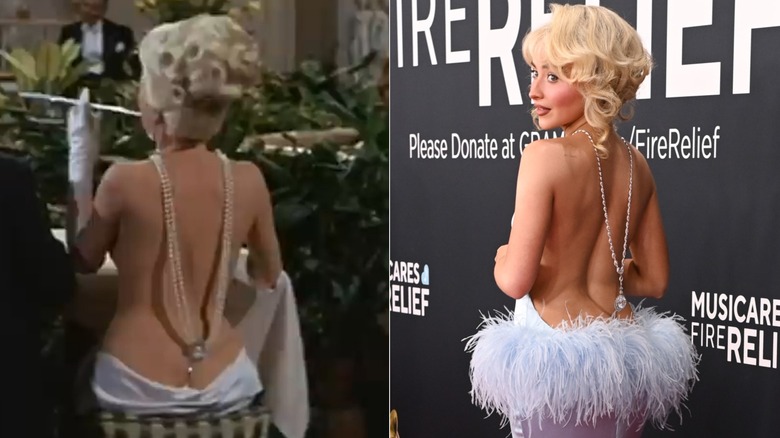 Split image of a rear view of Shirley MacLaine in "What A Way To Go" and Sabrina Carpenter looking over her shoulder at the 2025 Grammy Awards