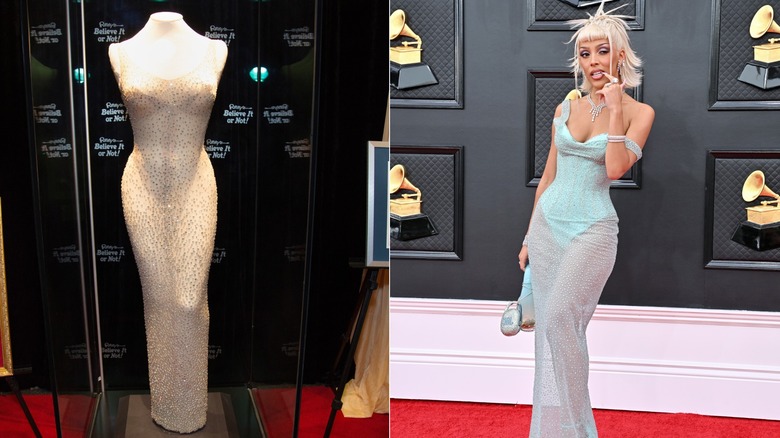 Split image of Marilyn Monroe's "Happy Birthday" dress on display and Doja Cat posing at the Grammy Awards