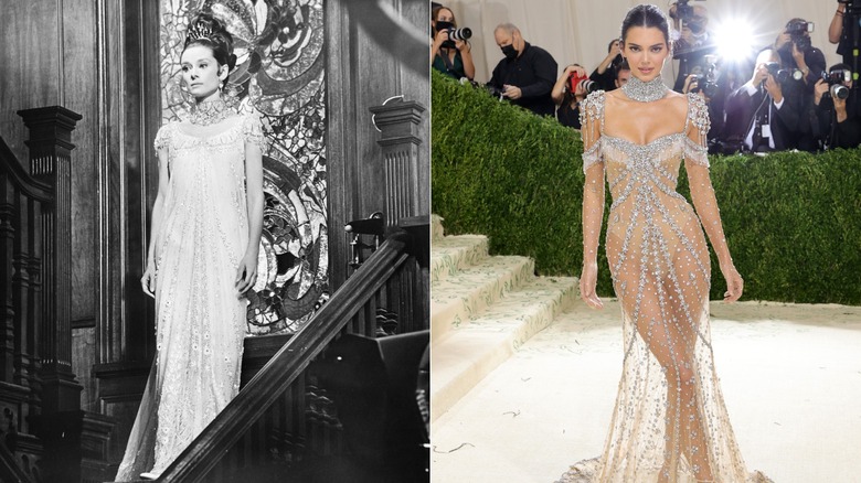 Split image of Audrey Hepburn in "My Fair Lady" and Kendall Jenner posing in a referential dress at the 2021 Met Gala