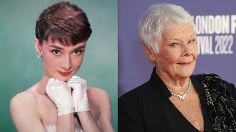 Split image of Audrey Hepburn and Judi Dench each wearing a short pixie cut with a side part