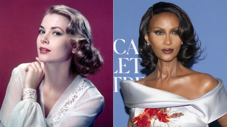 Split image of Grace Kelly and Iman wearing a hairstyle featuring large curls
