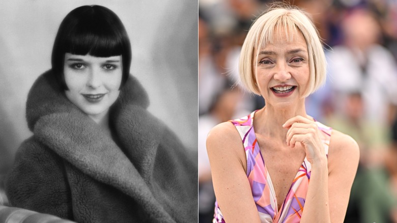 Split image of Louise Brooks and Maria de Medeiros similarly wearing a sharp bob with short fringe