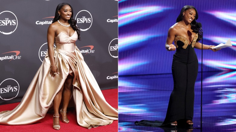 Split image of Simone Biles, showing the two dresses she wore to the 2026 ESPYs