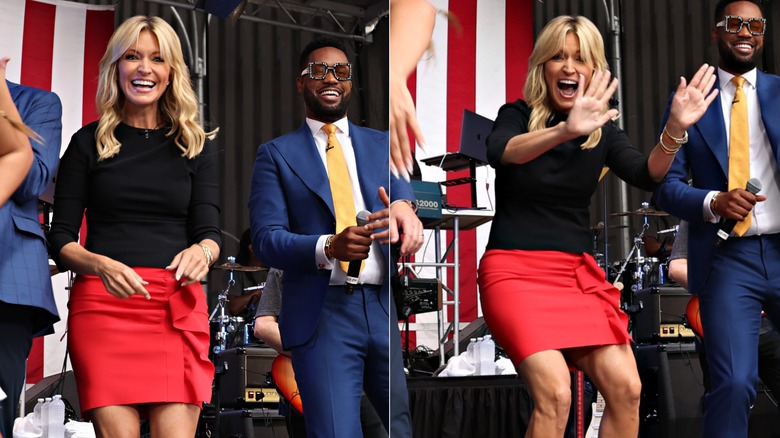 Ainsley Earhardt, Lawrence Jones and Carley Shimkus appear on stage as Flo Rida performs at Fox & Friends Summer Concert Series at Fox News Studios on July 28, 2023