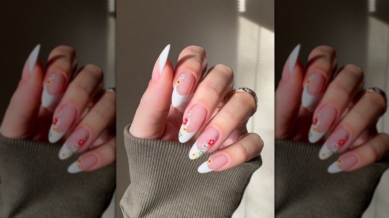french manicure with floral designs