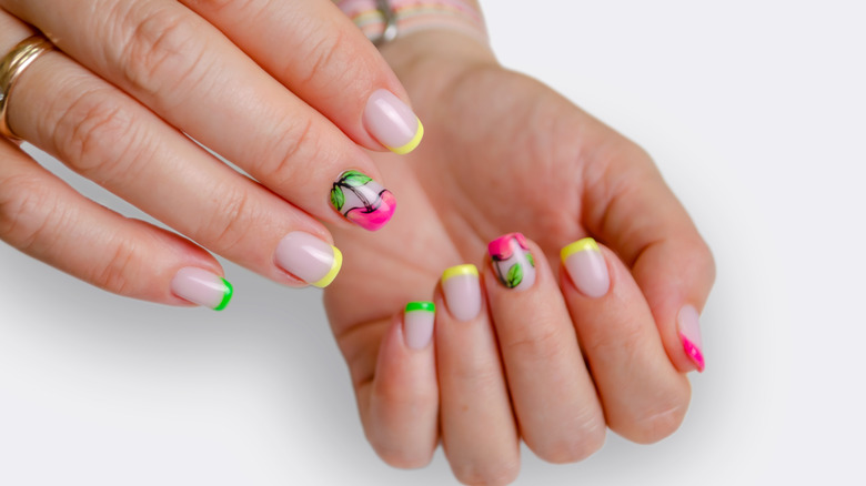 neon french manicure with flowers