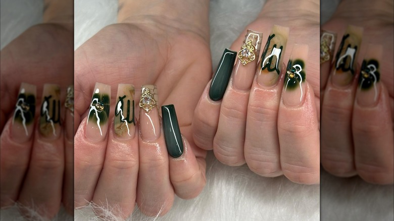 A long green manicure with Virgo details on Instagram