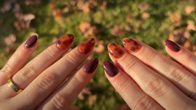 Brown tortoise shell nails on YouTube against an outdoor setting