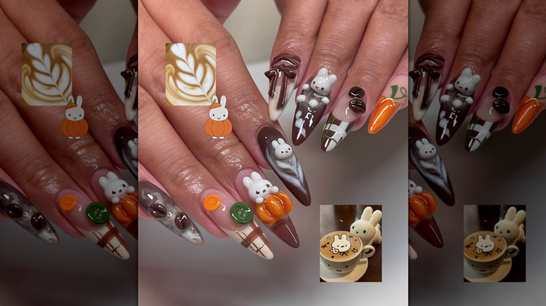 Two hands showing a 3D nail design featuring pumpkins, latte art, and the character Miffy