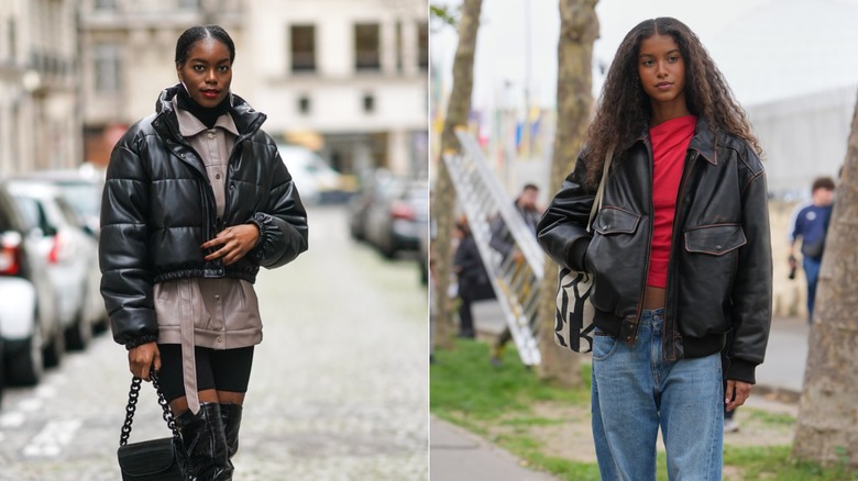 A woman in a puffer coat and another woman in a leather jacket