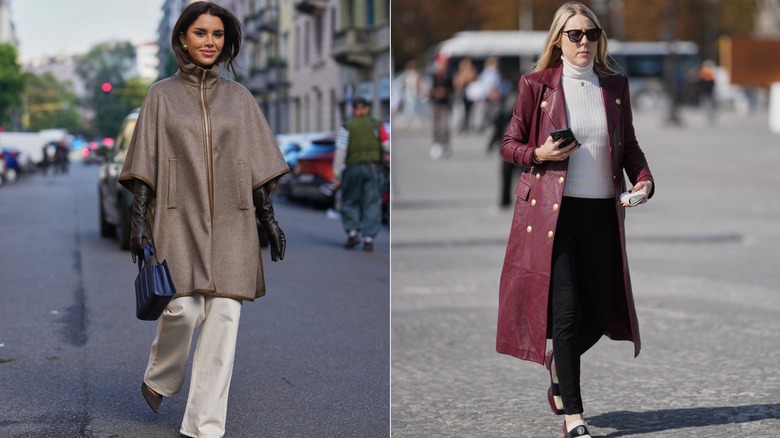 A woman in a cape coat and a woman in an ox blood trench coat