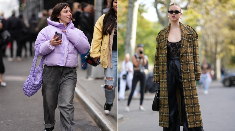 A woman in a purple puffer coat and a woman in a mustard yellow plaid coat