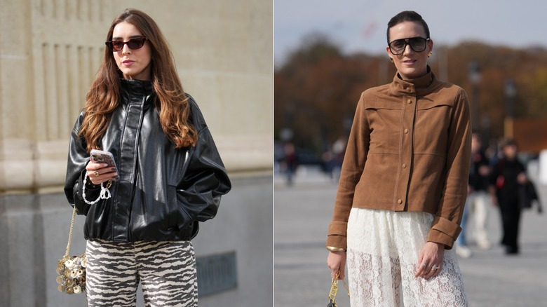 A woman in a shiny jacket and a woman in a suede jacket with a white skirt