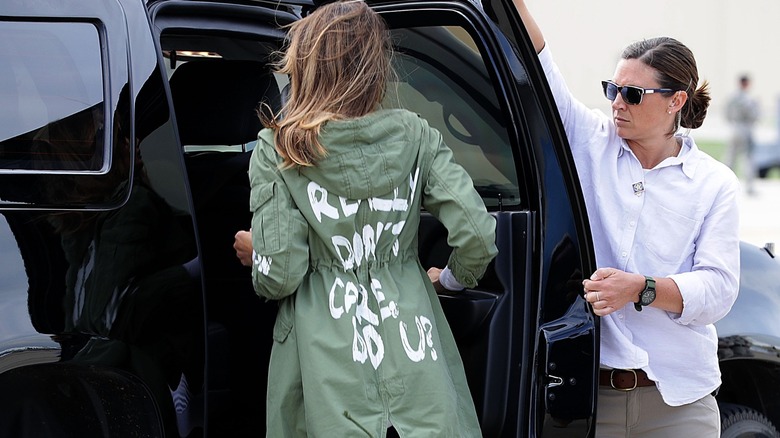 Melania Trump wearing a "I really don't care. Do U?" jacket