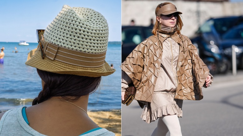 Woman wears straw fedora on the beach; Woman wears light brown leather visor during Milan Fashion Week in 2025