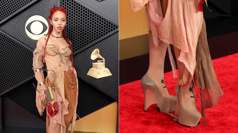 FKA Twigs wearing black platform heels covered by nude tights