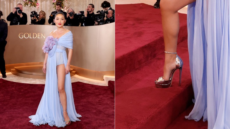 Li Jun Li wearing high silver heels with a purple dress