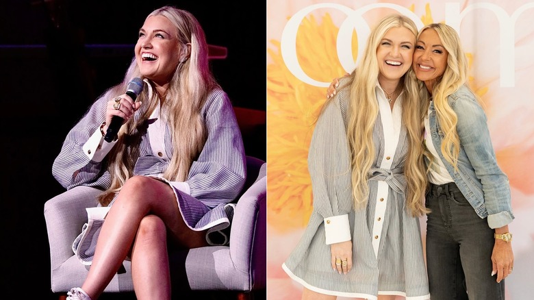 Erika Kirk on stage in a striped boxy dress and sneakers