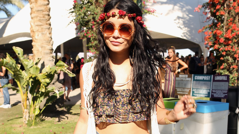 Vanessa Hudgens at Coachella in 2012 wearing a red rose flower crown
