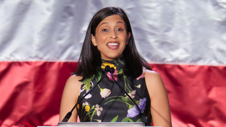 Usha Vance speaking into microphones at a podium