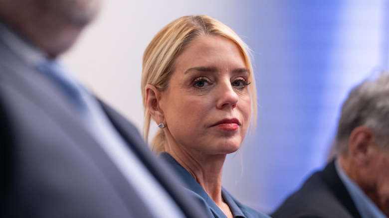 Pam Bondi looking at the camera with a straight face